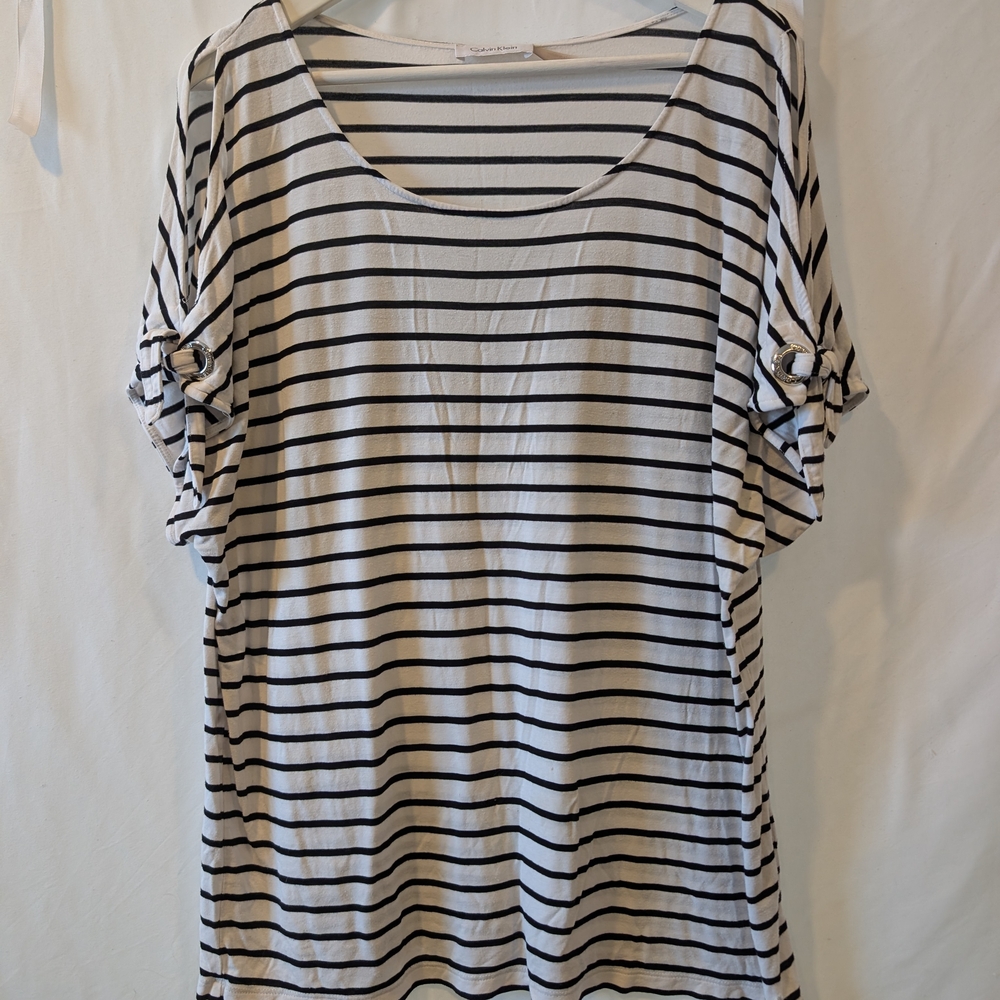 Calvin Klein Black White Cold Shoulder Striped Short Sleeve Tee
